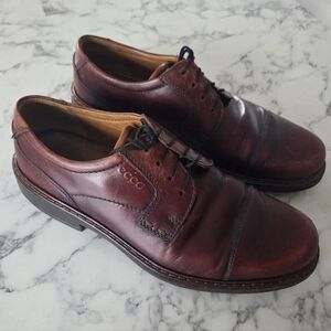 Ecco Men’s Shoes Size 42 Oxford Derby Cap Toe Genuine Burgundy Leather Red Brown